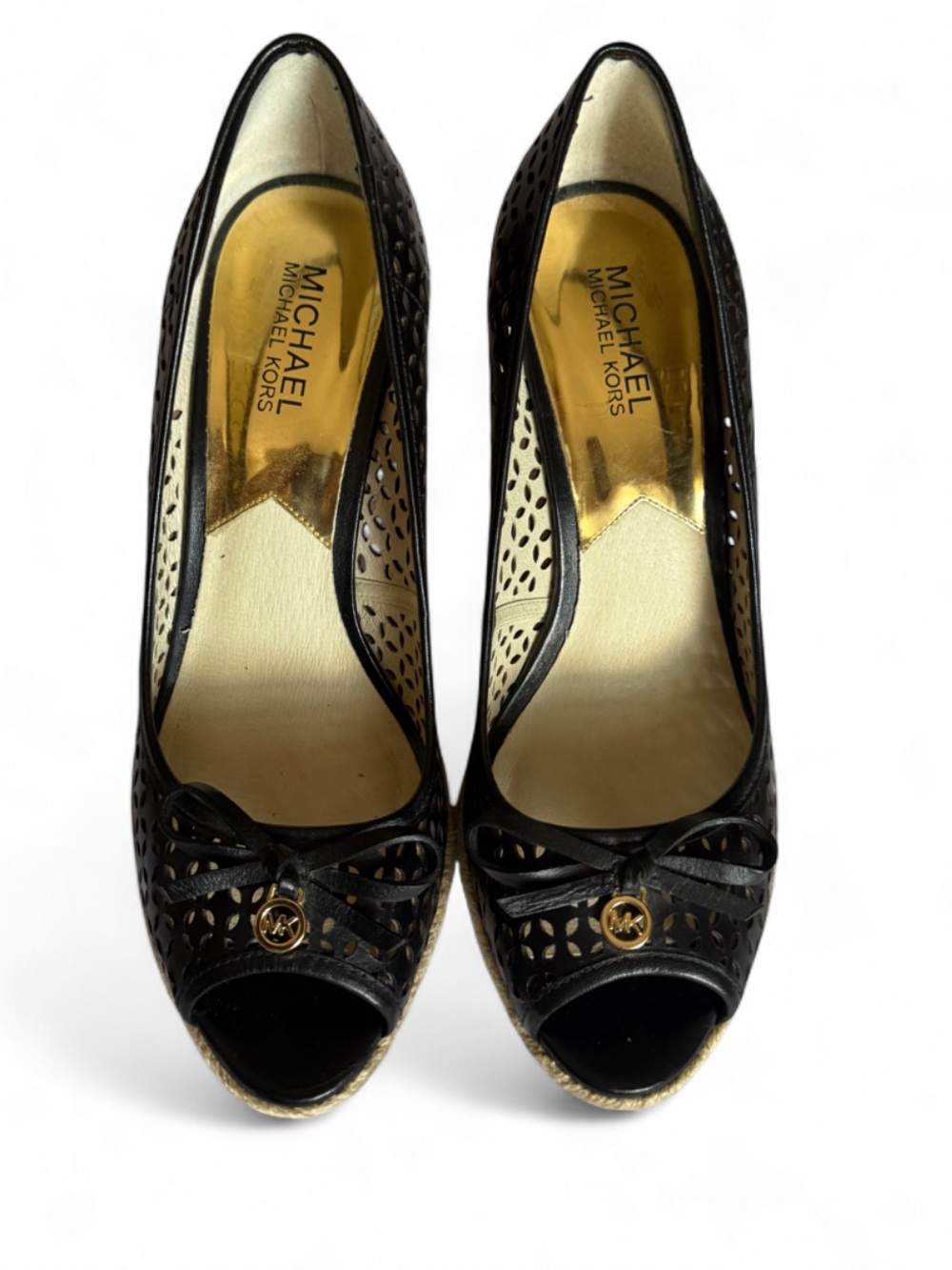 MICHAEL Michael Kors Black Perforated Peep-Toe Wedges with Gold Emblem